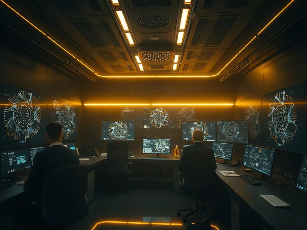 Cinematic wide shot of a futuristic dark workspace with gold