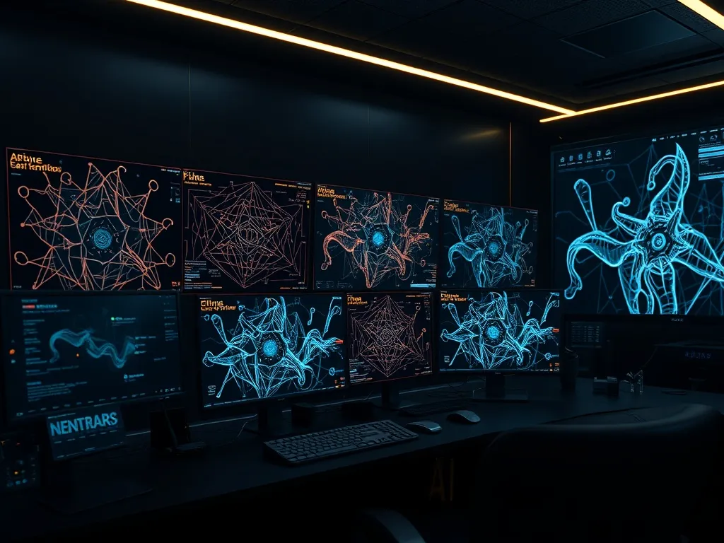 A high-tech digital workspace with multiple monitors display
