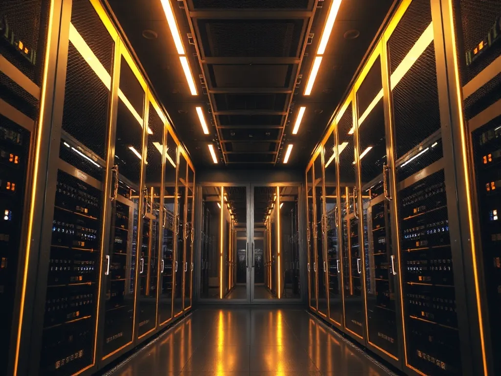 High-tech server room with golden light lines, cinematic lig